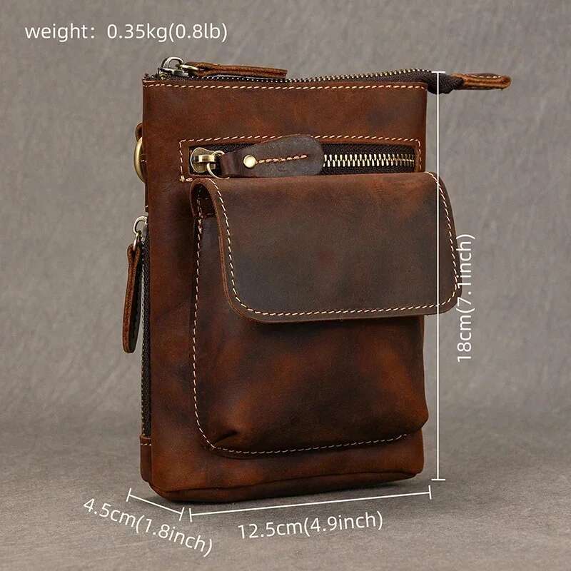 Retro Men's Hip Bum Bags Clip Buckle Waist Packs Zip Small Mini Fanny Pack Genuine Leather Cowhide Man Belt Pouch