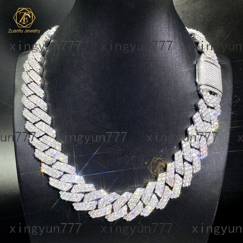 High Quality Hip Hop Jewelry 20mm 925 Sterling Silver VVS Moissanite Diamond 2 Rows Iced Out Cuban Link Chain Necklace for Men