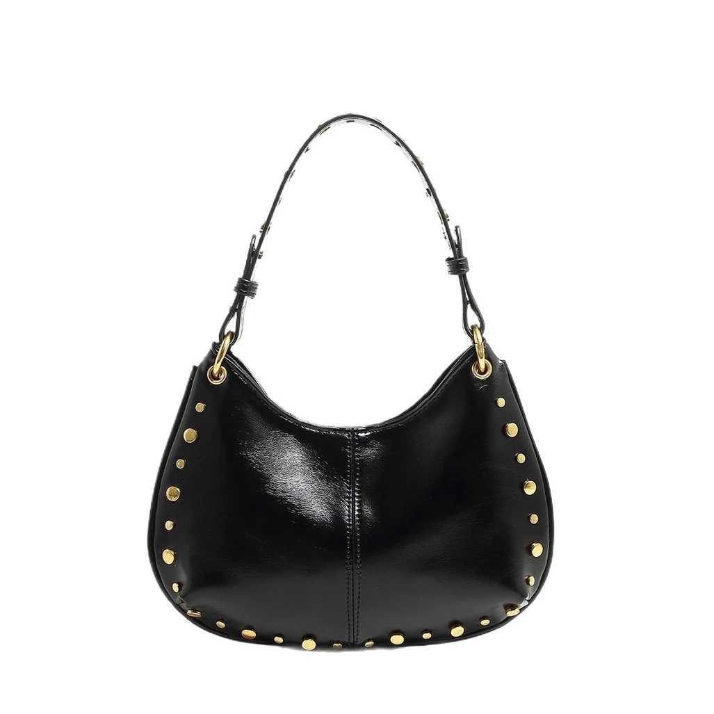 Fashion 2025 Underarm Bag New Trendy Riveted Chain Saddle Bag Wine Red Black Single Shoulder Handbag for WomenT2511112