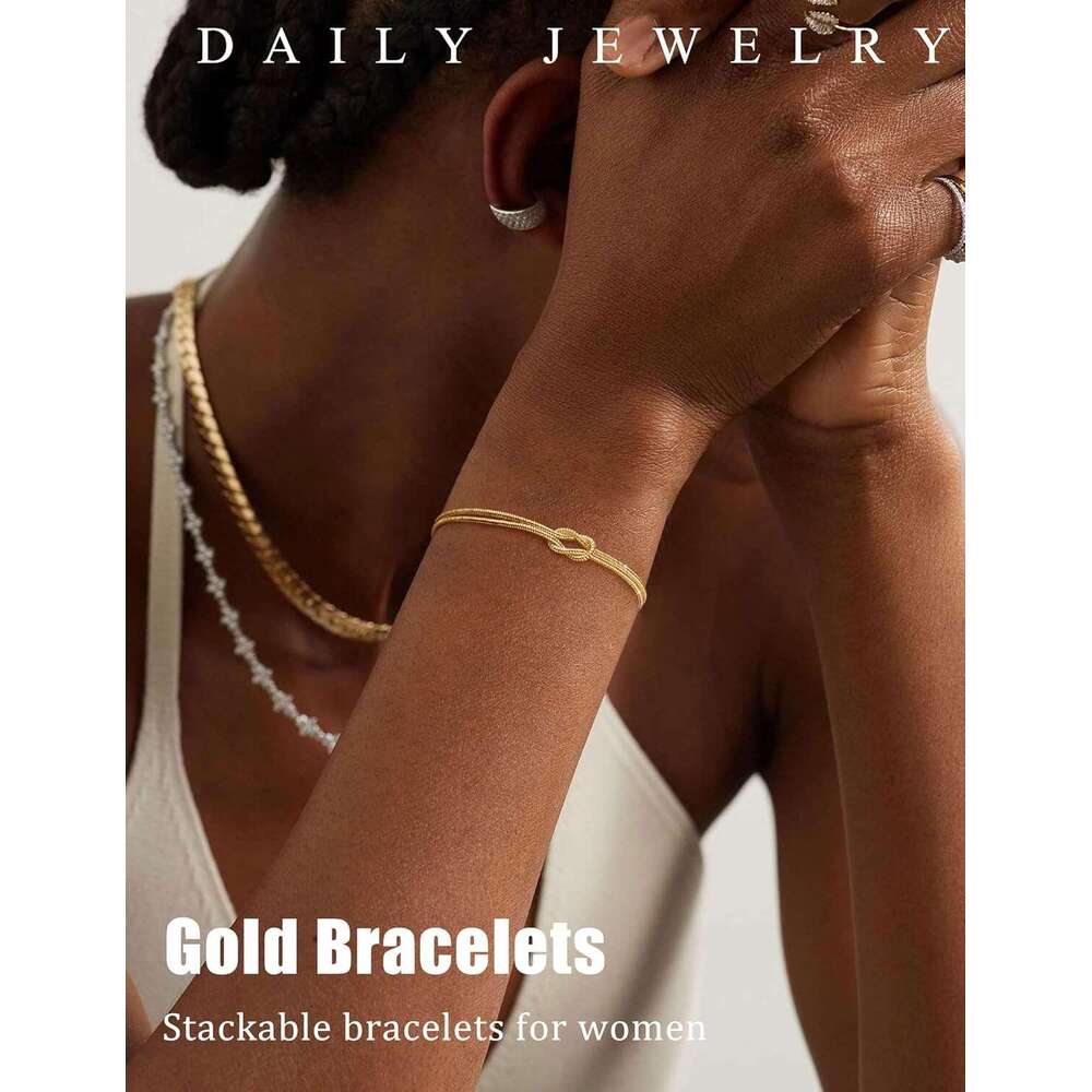 Silver Trendy 14K Gold Plated Bracelet for Women Non Tarnish Dainty Stackable Layered Chain Heart Pearl Knot Beaded Bracelets Stack Set Charm Mothers 