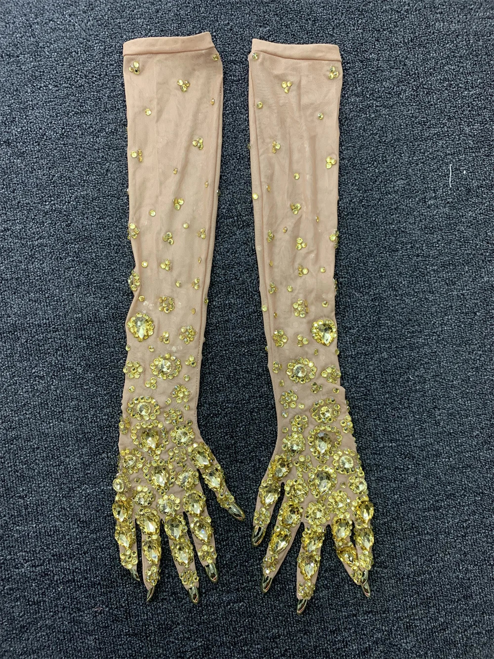 Sexy Gold Rhinestones Mesh Long Gloves Women Dancer Singer Nightclub Stage Party Show Accessories Sparkly Decoration 250408