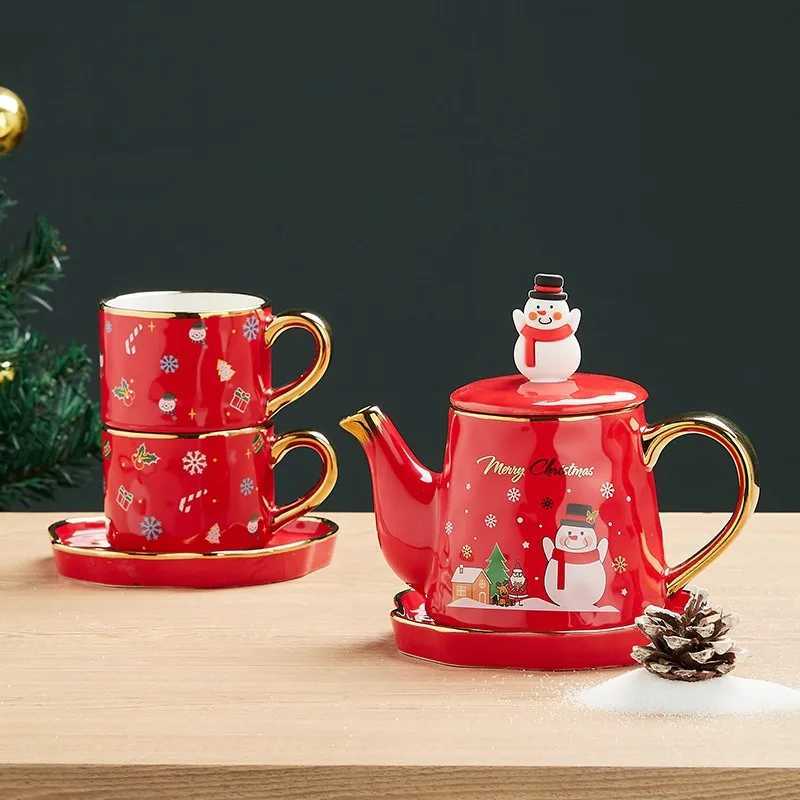 Christmas Christmas Ceramics Teaware Sets Coffee Cup Saucer Santa Claus Elk Snowman Tea Pot and Cup Set Drinkware Xmas Gift 1 Pot 2 Cups Y251112