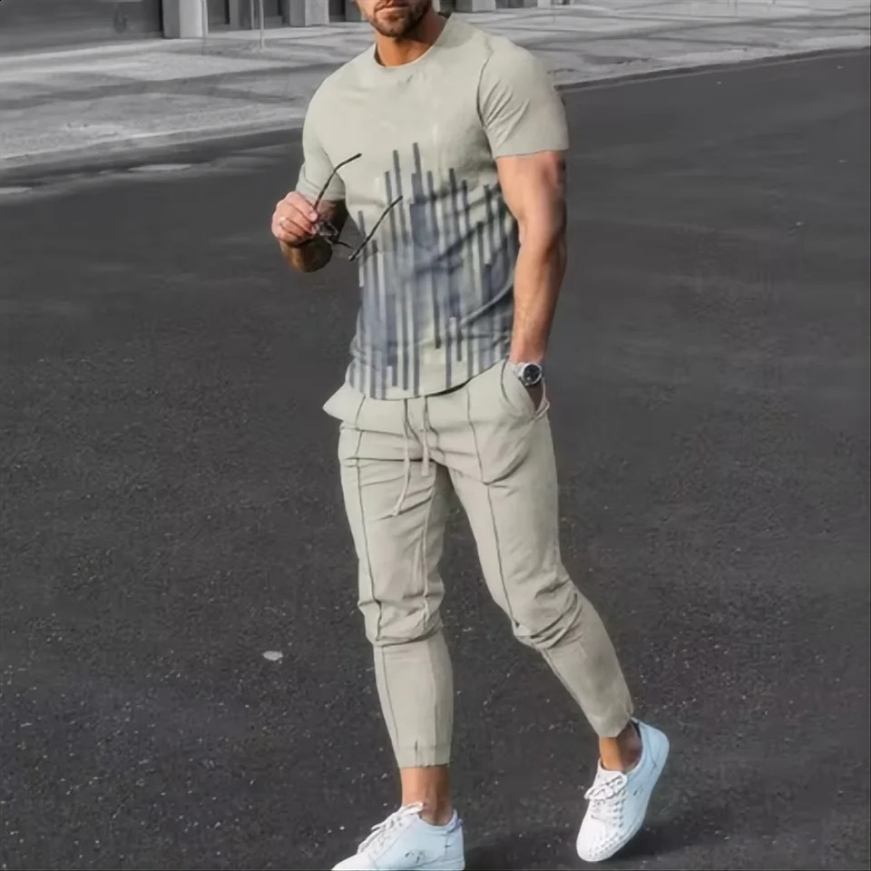 Summer fashion mens T-shirt set 3D printed sports shirt short sleeved T-shirt long sleeved pants 2-piece set 250411