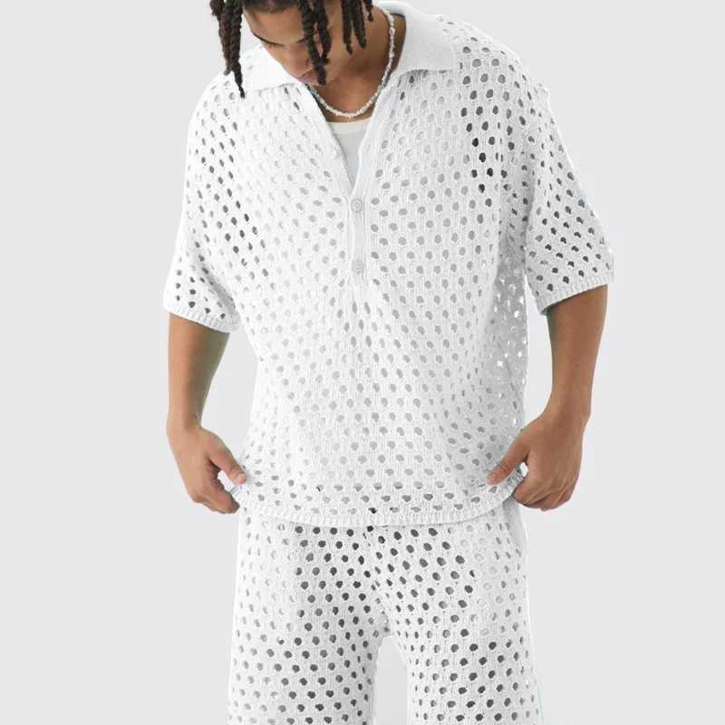 New Summer Casual Fashion Mens Hole Short sleeved T-shirt Set Beach Vacation Breathable Quick drying Commuter 2-piece SetXJ250412