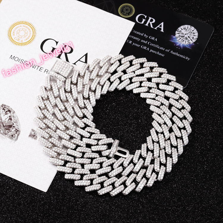 Rapper HipHop Necklace Pass Diamond Tester VVS Moissanite Diamond Heavy 13mm Wide 2Rows S925 Solid Silver Cuban Link Chains