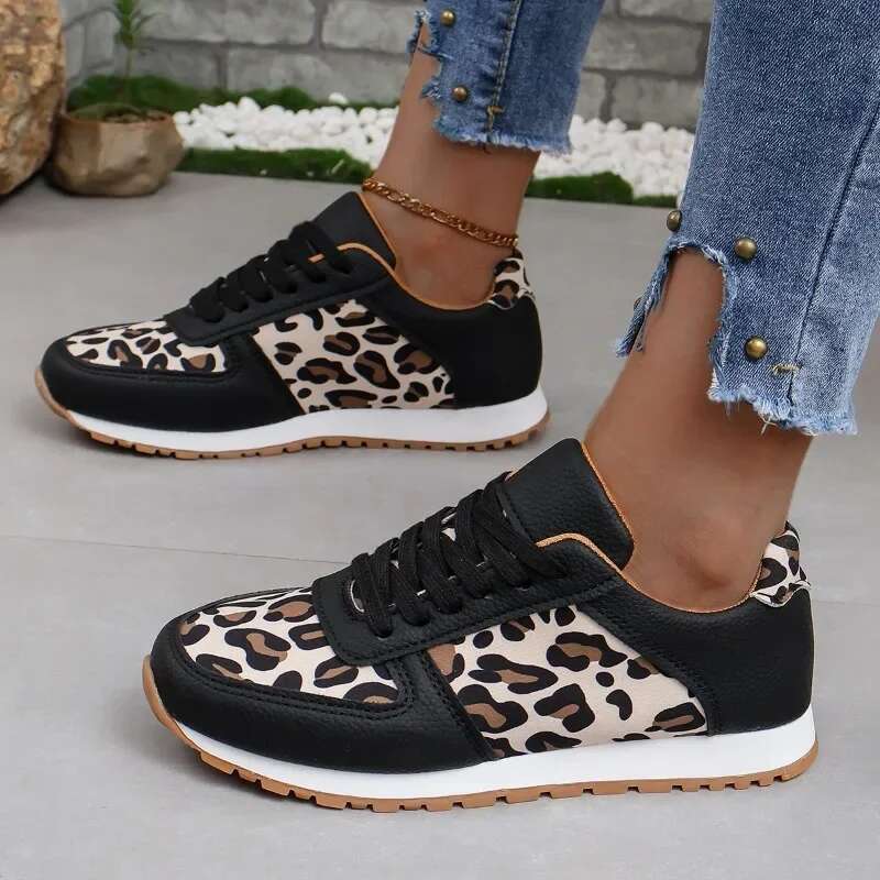 2025 casual leopard print women's designer fashion sports shoes with lace up women's thick soled sports shoes