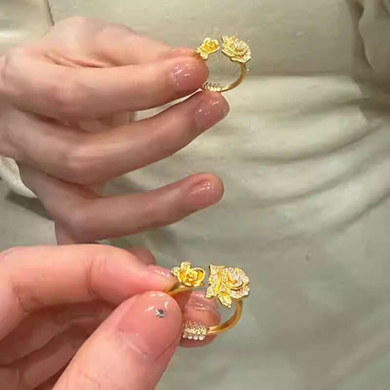 Real Gold Plated Zircon Rose Flower Open Simple Niche Design Index Finger Ring New High-end Sense Jewelry for Women