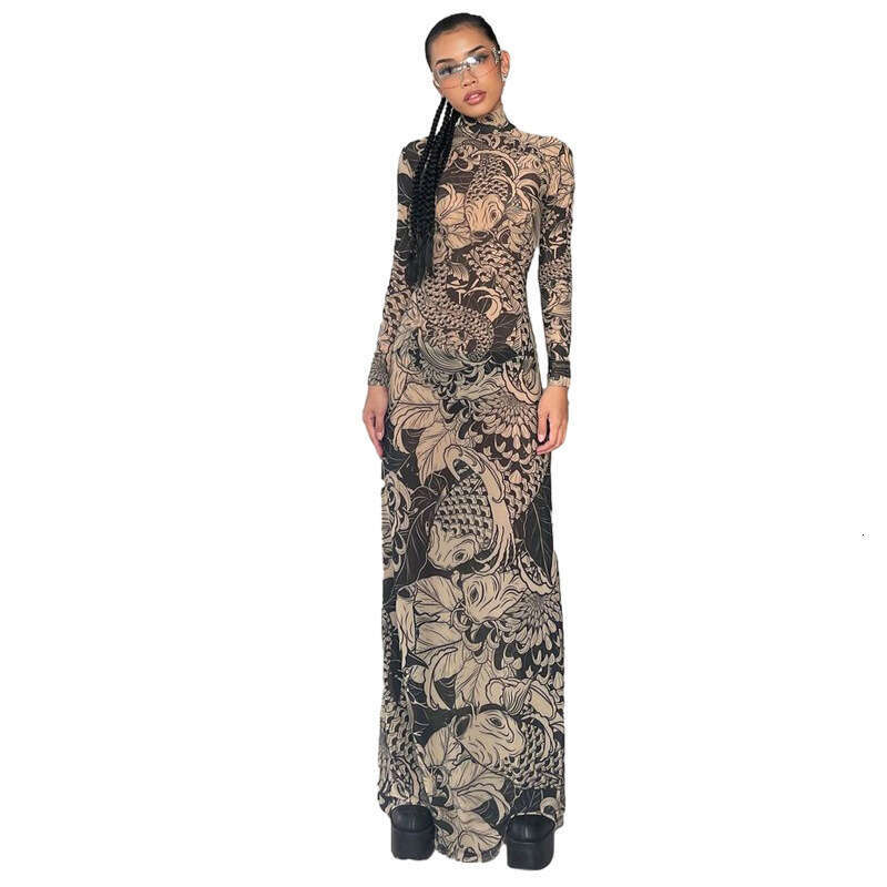 Women's Wear Women's Spring/Summer New Fashionable And Personalized Mesh Print Perspective High Neck Slimming Dress