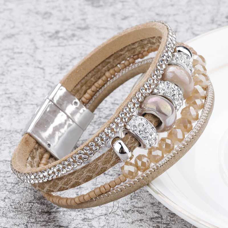 Amorcome Multilayer Leather Bracelets for Women Magnetic Clasp Boho Ceramic Bead Charm Wrap Bracelet Female Jewelry DropshippingC250411