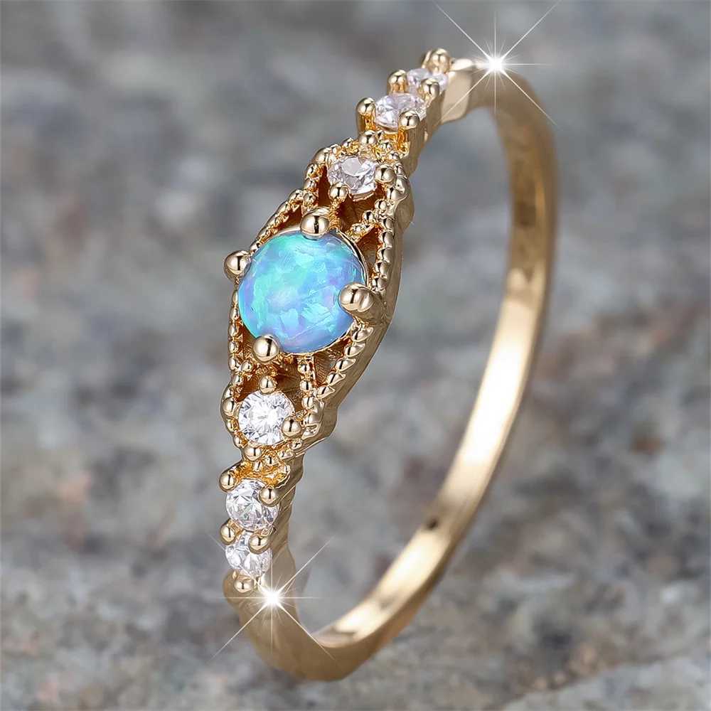 Blue Opal Small Round Stone Female Engagement Ring Vintage Gold White Zircon Wedding Ring Birthday Stone Jewelry GiftXJ250412