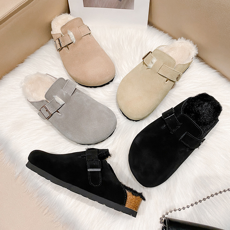 TEEMAZZI designer shoes genuine leather cork sole high quality casual shoes versatile velvet warm cotton slippers for men and woman size 35-46 black g