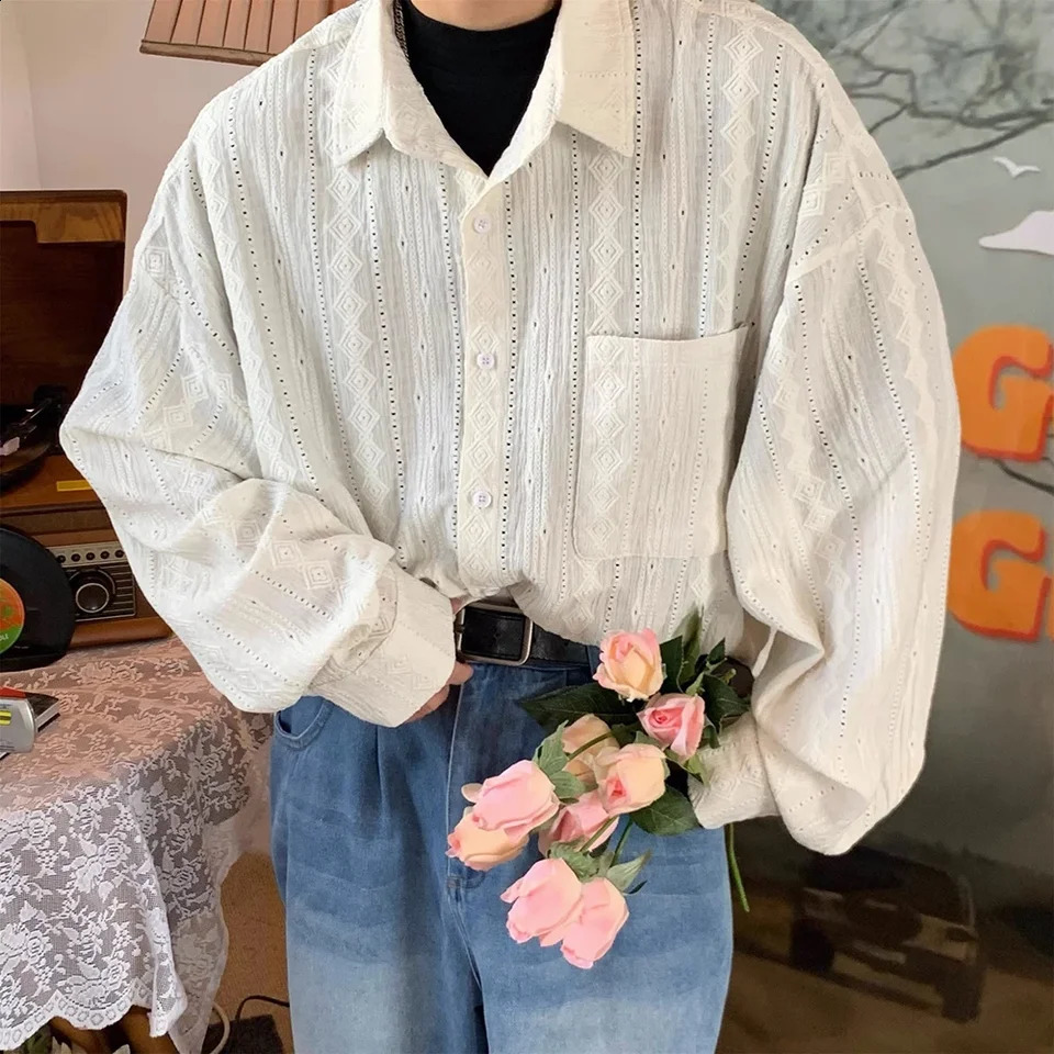 Shirts For Men Apricot Handsome Lapel Men Blouse Vacation Hollow Out Sexy Fashion Men Clothing Male Mesh Long-sleeved Shirts 250409