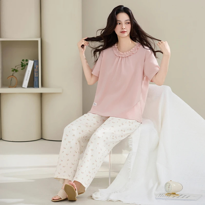 100% COTTON M-4XL Plus Size Summer Women Pajamas Anti-bacterial HQ Short Sleeves Long Bottoms Sleepwear Leisure Pjs 250411