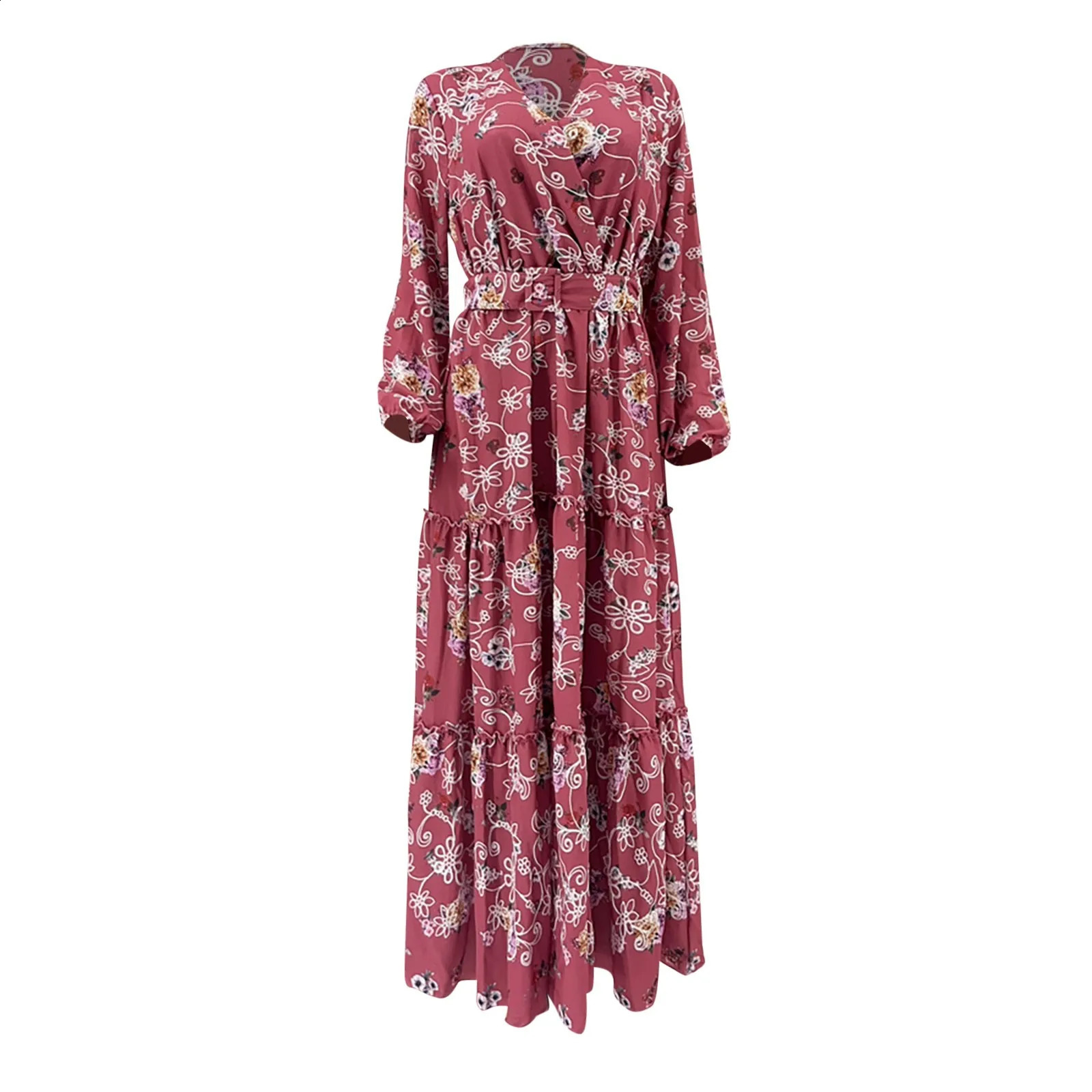Eid al Fitr Muslim Dress Female Abaya Jalabiya Turtle Neck Flower Printed Belt Dubai Kaftan Robe Vestidos Ramadan Abayas 250411