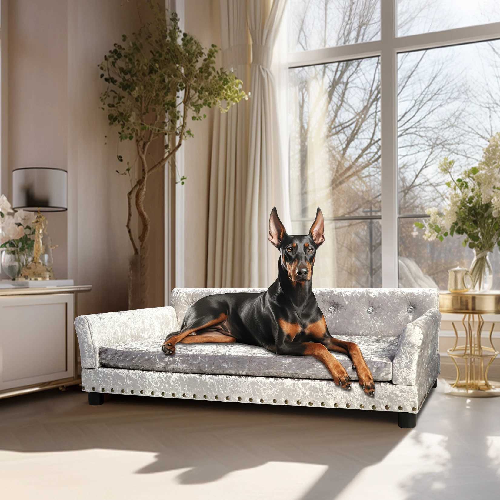 Dutch velvet decorated pet lounge chair dog bed sofa sofa bed solid wood legs detachable mat pet supplies L XXL X250412