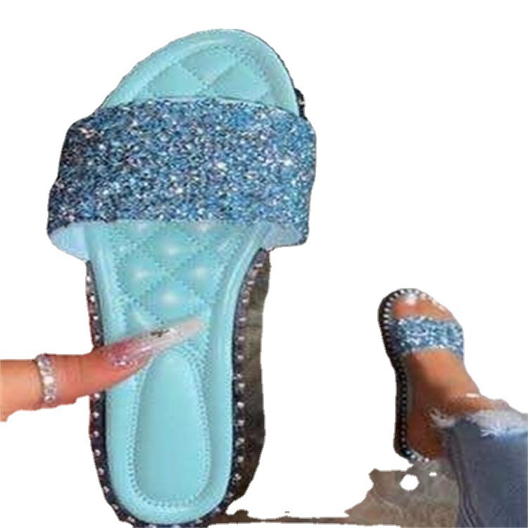 Large size Glitter flat home slippers women, fashionable one-piece sandals for women