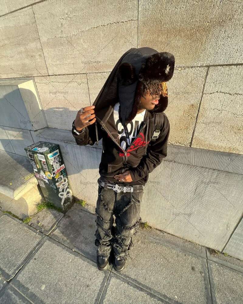 Y2K Punk Black American Street Rock Retro High Waist Oversized Jeans 2023 New Raw Edge Washed Straight Wide Leg Trousers Men