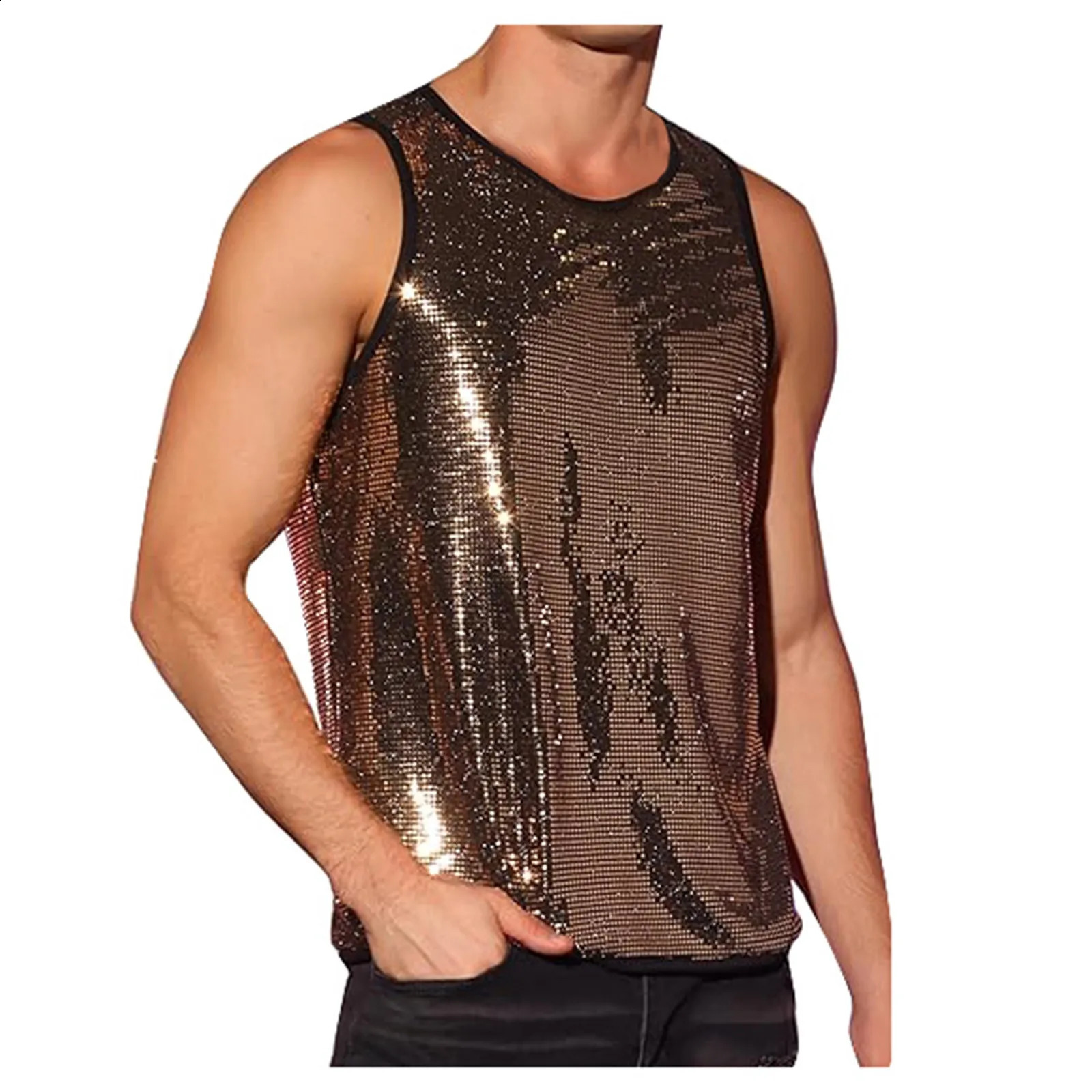 Stylish Sparkly Simple T Shirt Sleeveless Vest Stage Performance Clothing Summer Tank Tops Male T-Shirt Casual Vest Tank Top 250407