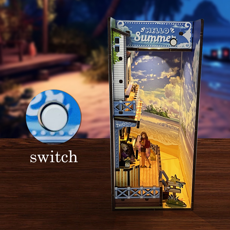 Seaside Street DIY Assembled Bookend, Exquisite Coastal-Themed Wooden Craft with LED Light Effect, Creative Bookshelf Insert Decor-L0321P