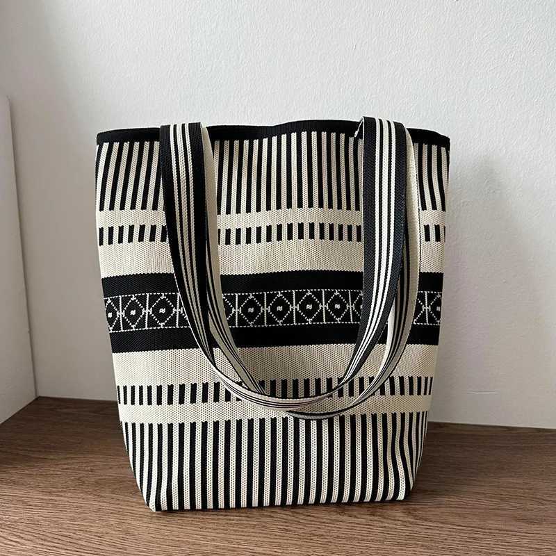 High quality canvas womens shopping bag ethnic style casual can be fixed large capacity geometric printing knitted handbagXJ250412
