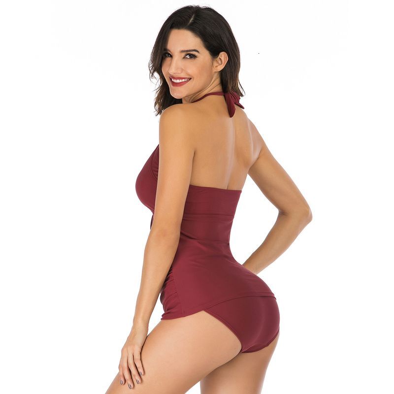 Spot Wholesale Cross Border 2025 Women's Solid Color Halter Neck European And American Sexy Split Swimsuit Female