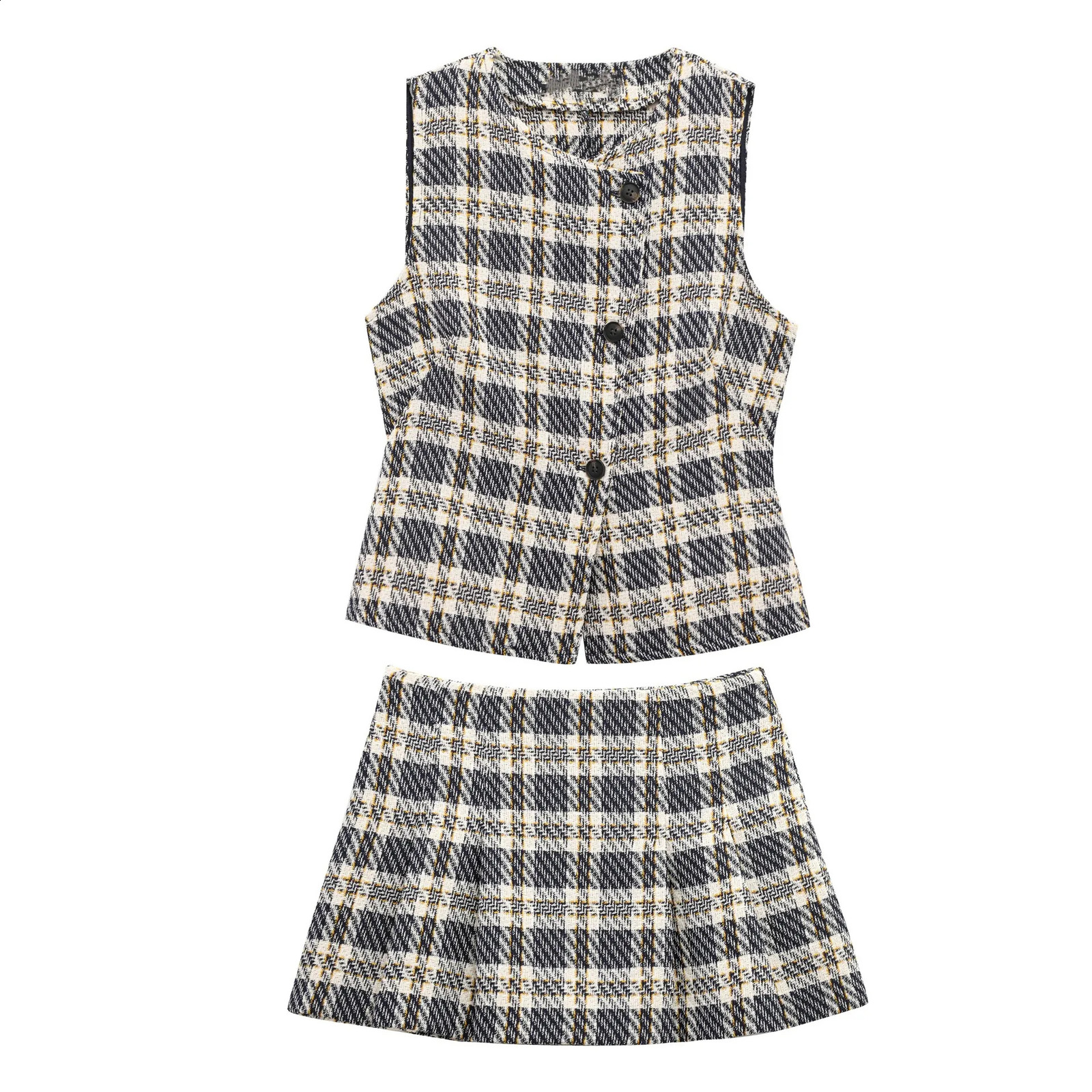 ZBZA Womens Textured Plaid Vest Short Skirt Suit Round Neck Double-breasted Top Side Zipper Skirt Spring Summer Chic Suit 250411