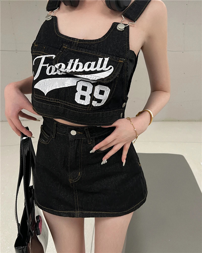 Sweet and Retro Workwear Denim Suit Womens Letter Printing Strap Tank Top Summer Mini Skirt Fashion Two-piece Set 250411