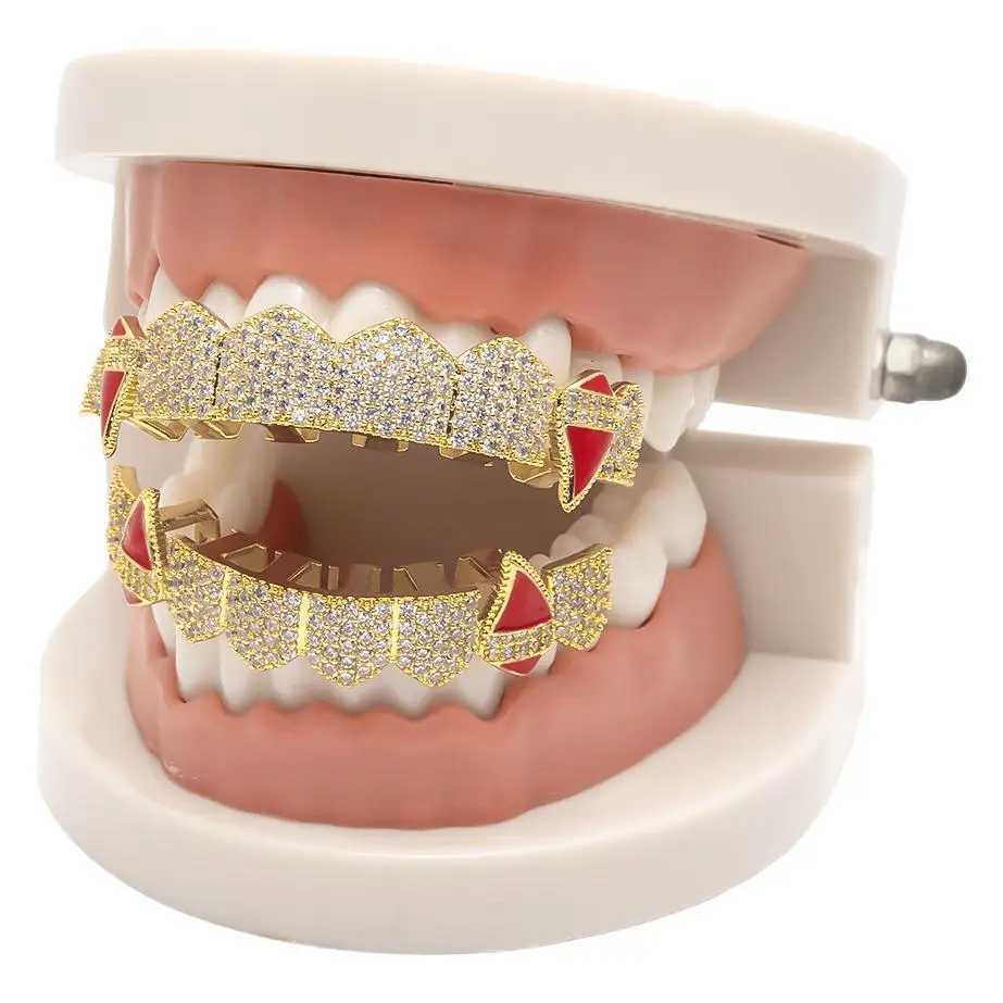 YONGX Hip Hop Full CZ Stone Teeth Grillz Vampire Square Punk Zircon Teeth Hat Womens Jewelry Halloween Role Playing Gift W250412