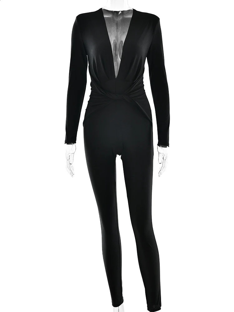 Sibybo Deep V Neck Sexy Jumpsuits For Women Autumn Fashion Crossed Ruched Long Sleeve Bodycon Rompers Casual One Piece Clothes 250411