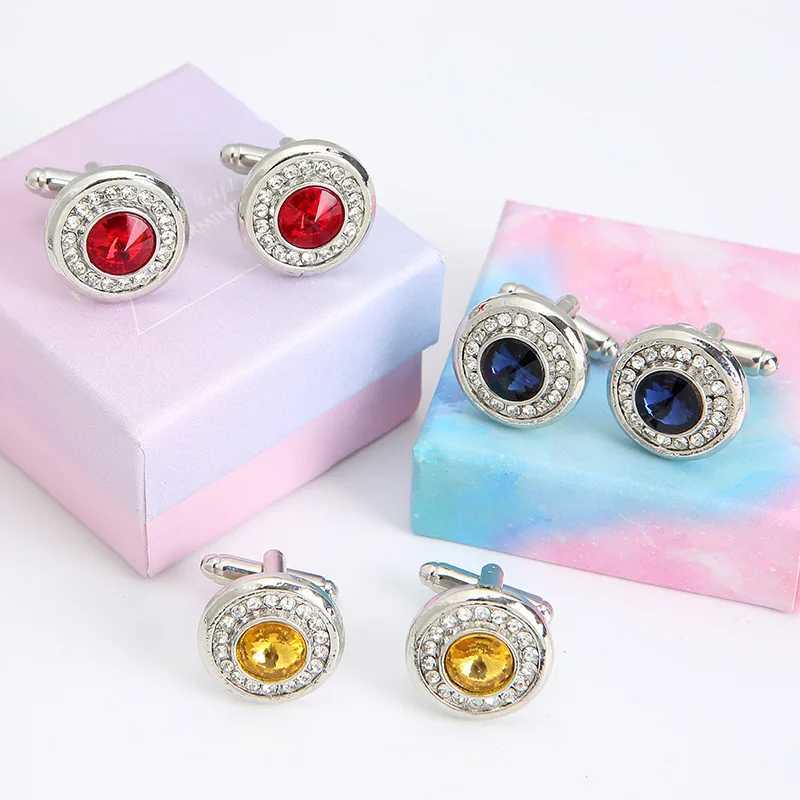 Luxury cubic zirconia mens cufflinks round rhinestone shirt cufflinks classic French set cufflinks high-quality mens jewelry giftsT250412