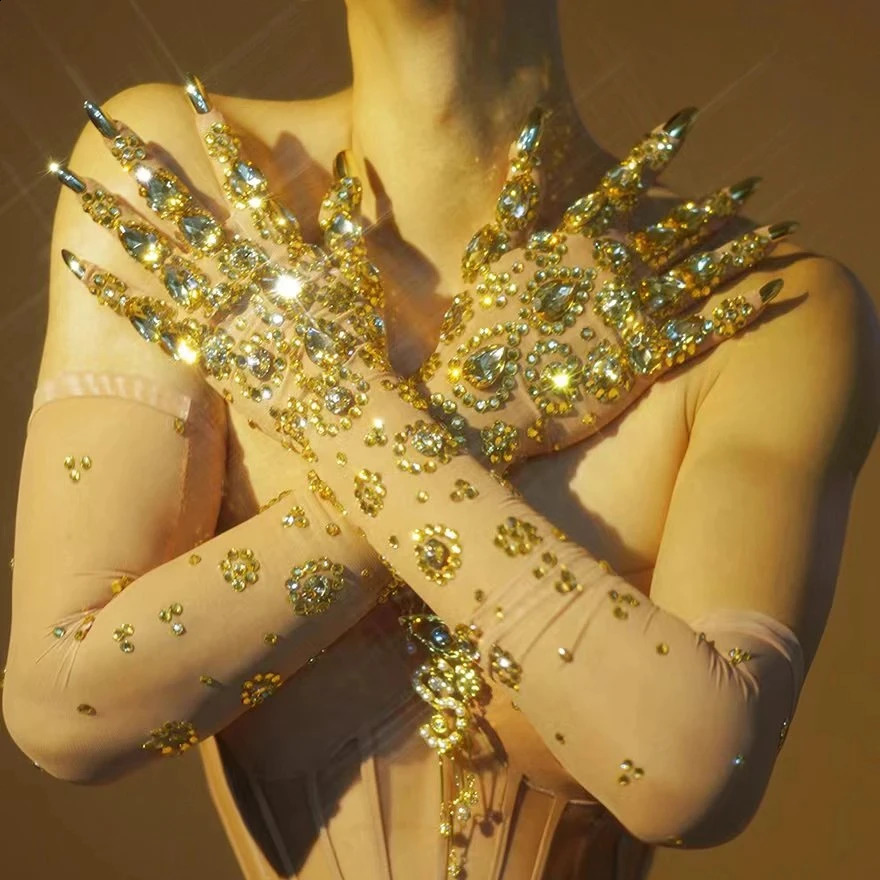 Sexy Gold Rhinestones Mesh Long Gloves Women Dancer Singer Nightclub Stage Party Show Accessories Sparkly Decoration 250408