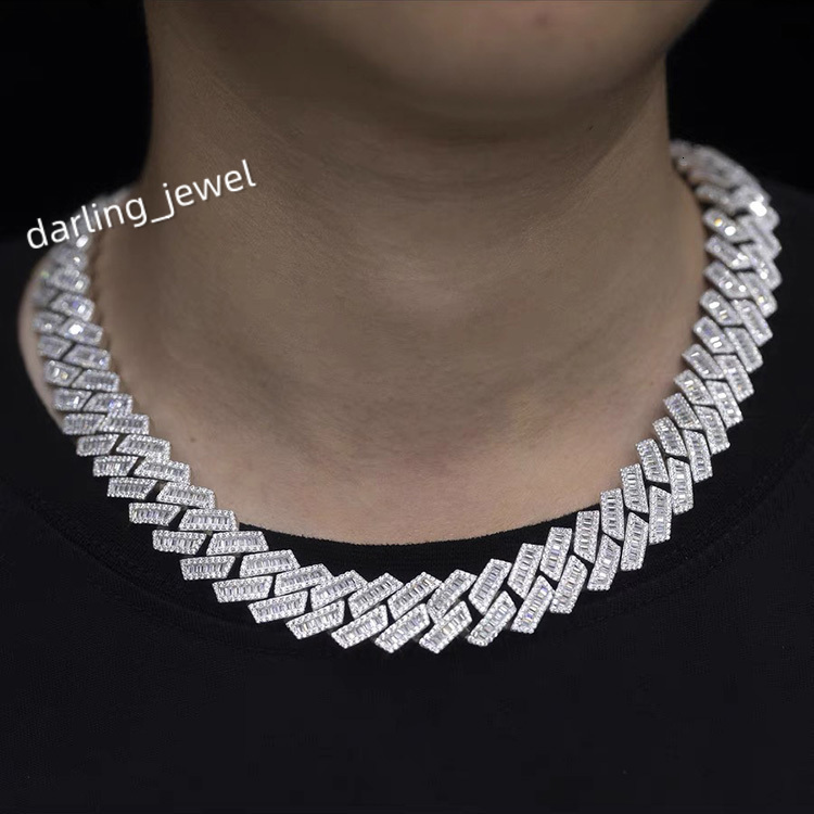 Customized Top Quality Sterling Silver VVS D Color baguette Shape Moissanite with GRA Cuban Link Chain for Mens Rapper Life