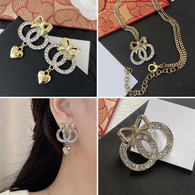Jewelry Sets Bowknot Necklace Earrings Booches Inlay Crystal Designer Letter for Women Girl Necklace Gift Brooch Romantic Love Pearl Stud Earrings
