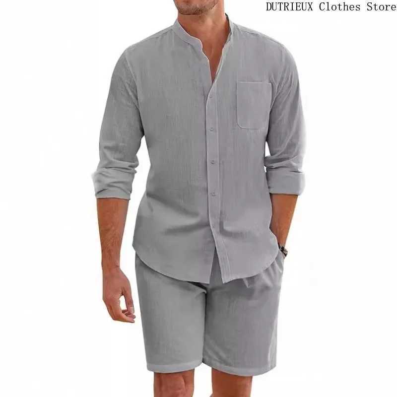 Soft and comfortable solid color mens shirt and shorts summer mens cotton linen long sleeved shirt two-piece setXJ250412