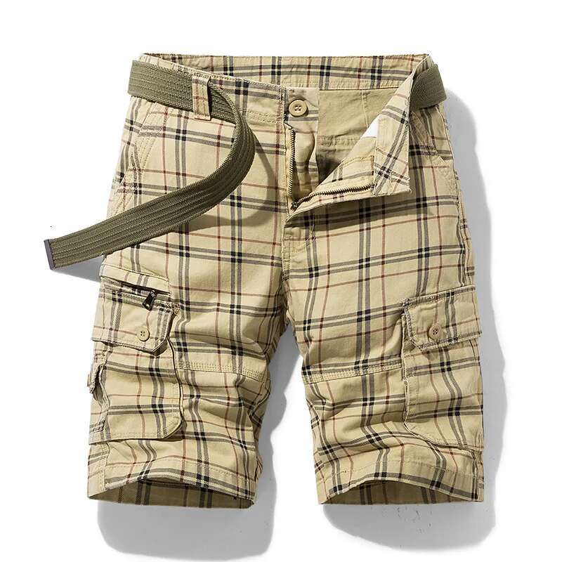 2023 New Summer Fashion Plaid 100% Cotton Casual Breeches Cargo Men Breathable Quick Dry Multi Pocket Hip Hop Shorts