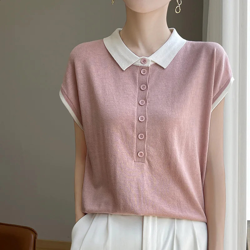 Womens T-shirts Spring/Summer Wool Knit Short Sleeve Casual Stitching Blouse Ladies Clothes Loose Tops POLO Neck Tees 250411