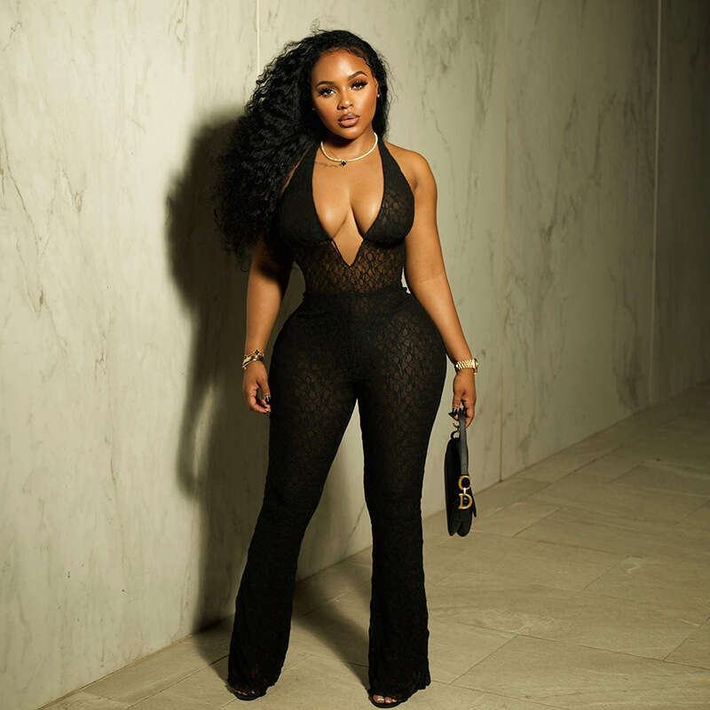 Women's Wear Autumn New Women's Sexy And Fashionable Hanging Neck Deep V-Neck Perspective Lace Strap Back Jumpsuit