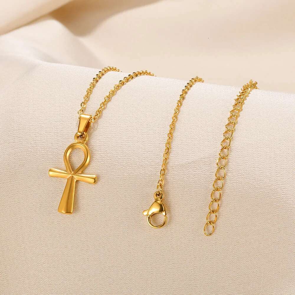 Religion Egyptian Ankh Crucifix Necklaces Gold Color Cross Charm Choker Stainless Steel Symbol of Life Jewelry Gifts Women Men