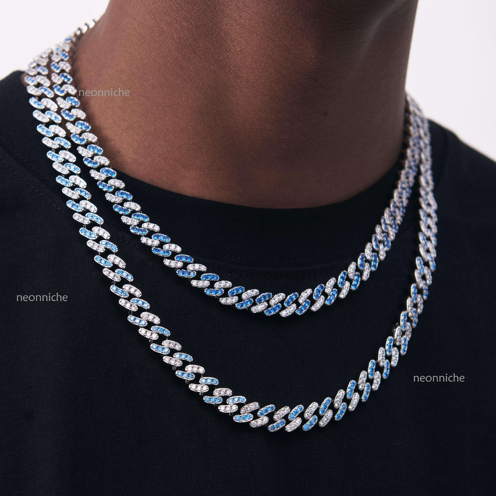 Fashion 12mm Hip Hop Sier Iced Out Chain Tow Color Moissanite Dia Fine Jewelry VVS Quality Cuban Necklace Men's