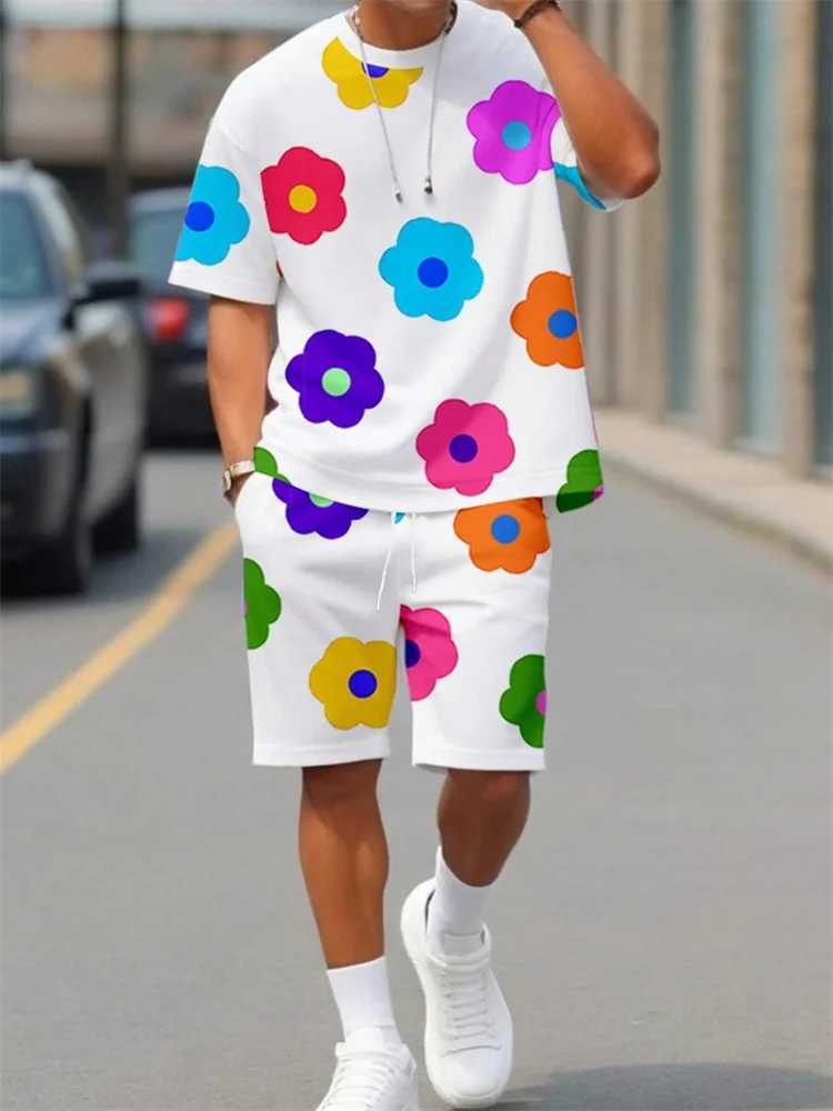 Mens summer short sleeved set with floral print round neck T-shirt set street breathable T-shirt set drawstring shorts setXJ250412