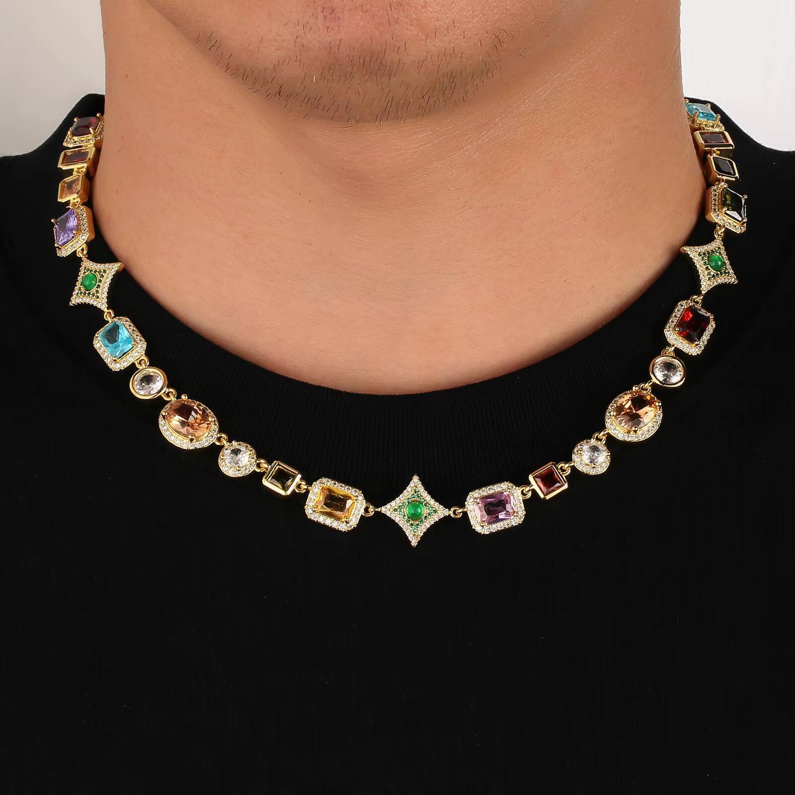 New Arrival 10mm Colorful Gemstone Chain Men Star Jewelry Women 18K Gold Plated Colored Zircon Geometry Motif Link Necklace