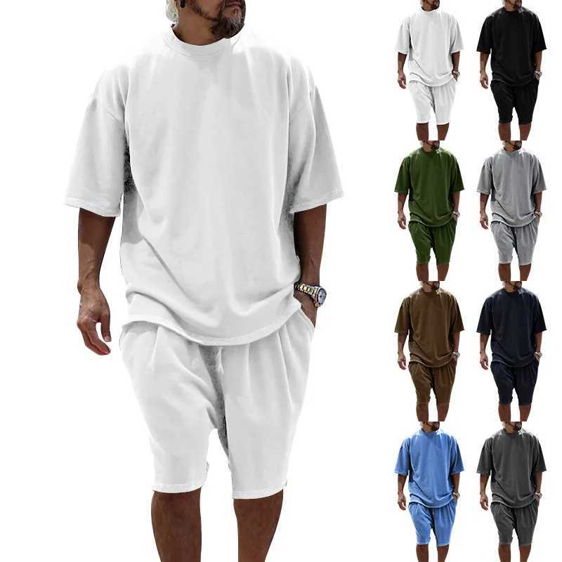 Mens summer set 2-piece ultra-fine casual sports short sleeved T-shirt set solid color beach party homeXJ250412