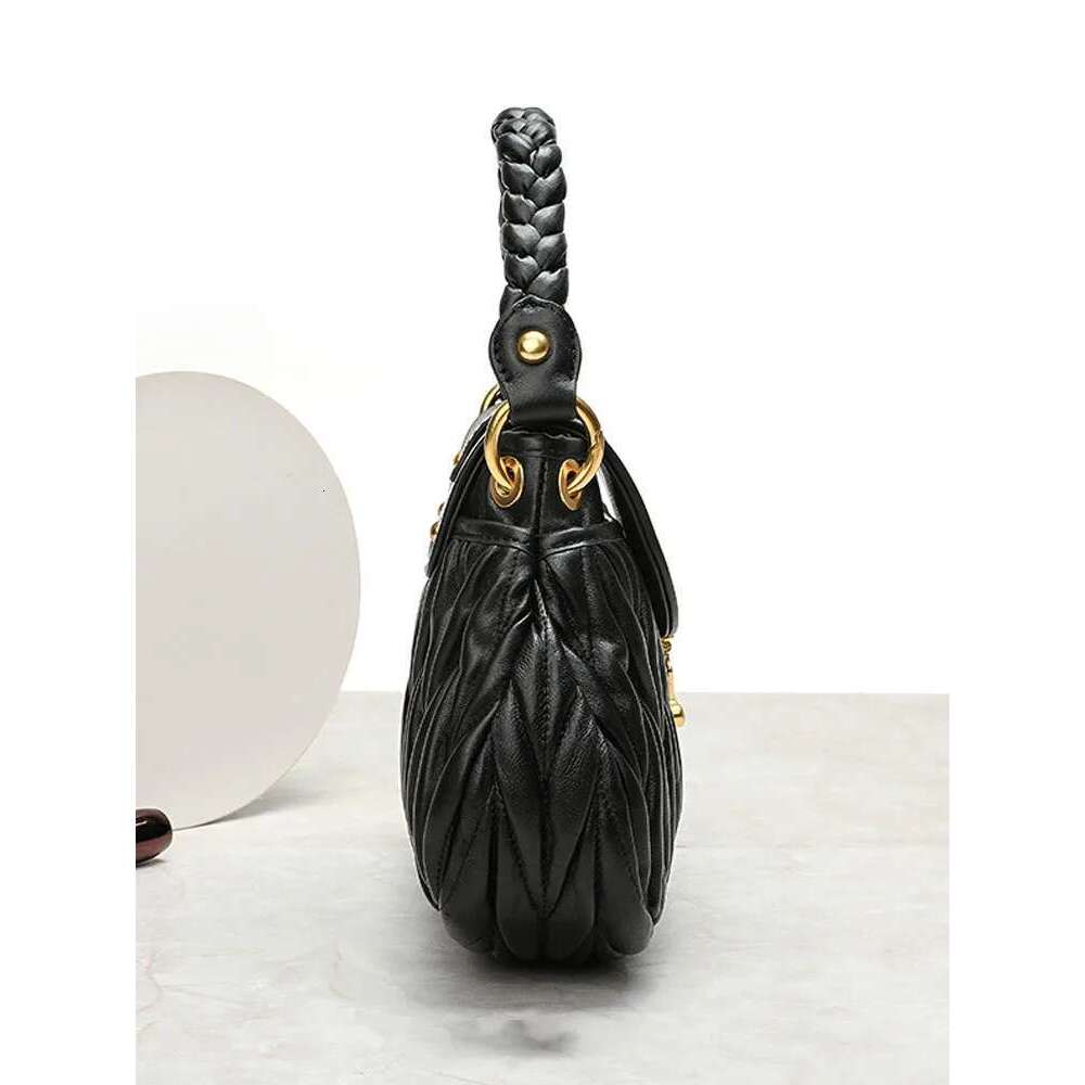 Designer Women Sheepskin Pleated Underarm Office Ladies Flap Weave Handbag Genuine Leather Shoulder Crossbody Bag