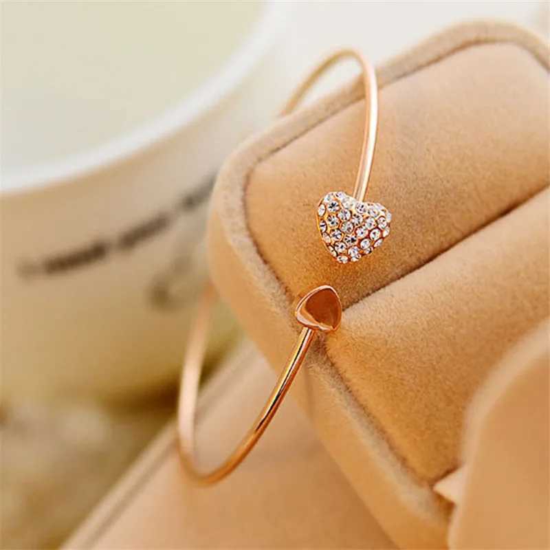 2019 Hot New Fashion Adjustable Crystal Double Heart Bow Bilezik Cuff Opening Bracelet For Women Jewelry Gift Mujer PulserasC250411