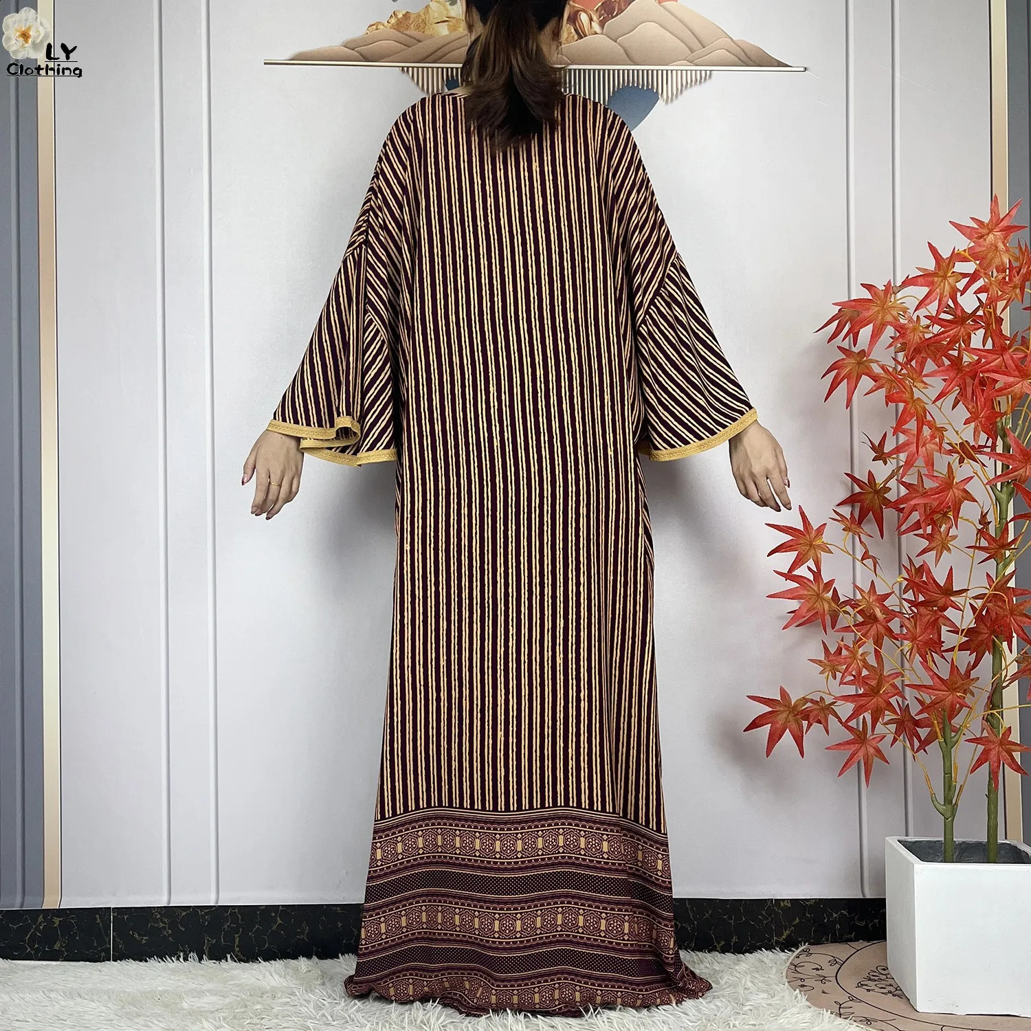 Dubai Muslim Set Cotton Dress Fashion Womens Loose Maxi Kaftan Stripe Printed African Islamic Clothing 250411