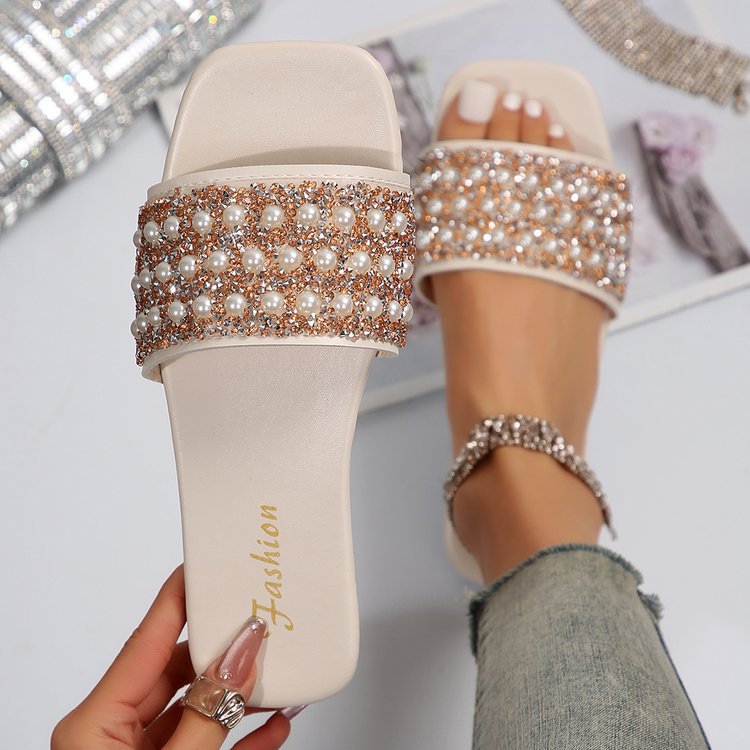 Ladies 2025 summer small fragrance foreign trade flat large size slippers square first color diamond pearl line cross border flip-flops