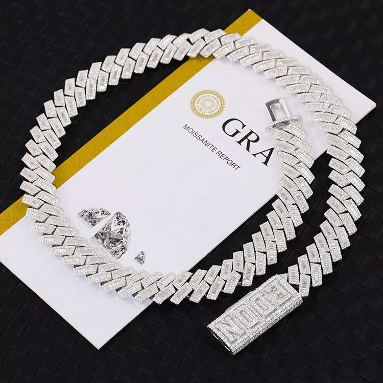 Customized 15mm 18mm 20mm White Gold Plated S925 Cuban Chain Necklace Vvs Moissanite baguette Cuban Link Chain Moissanite