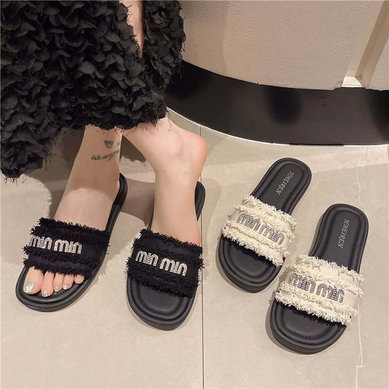 free shipping designer slippers for woman Summer outdoor indoor sandal casual black tassels vintage beach shoes