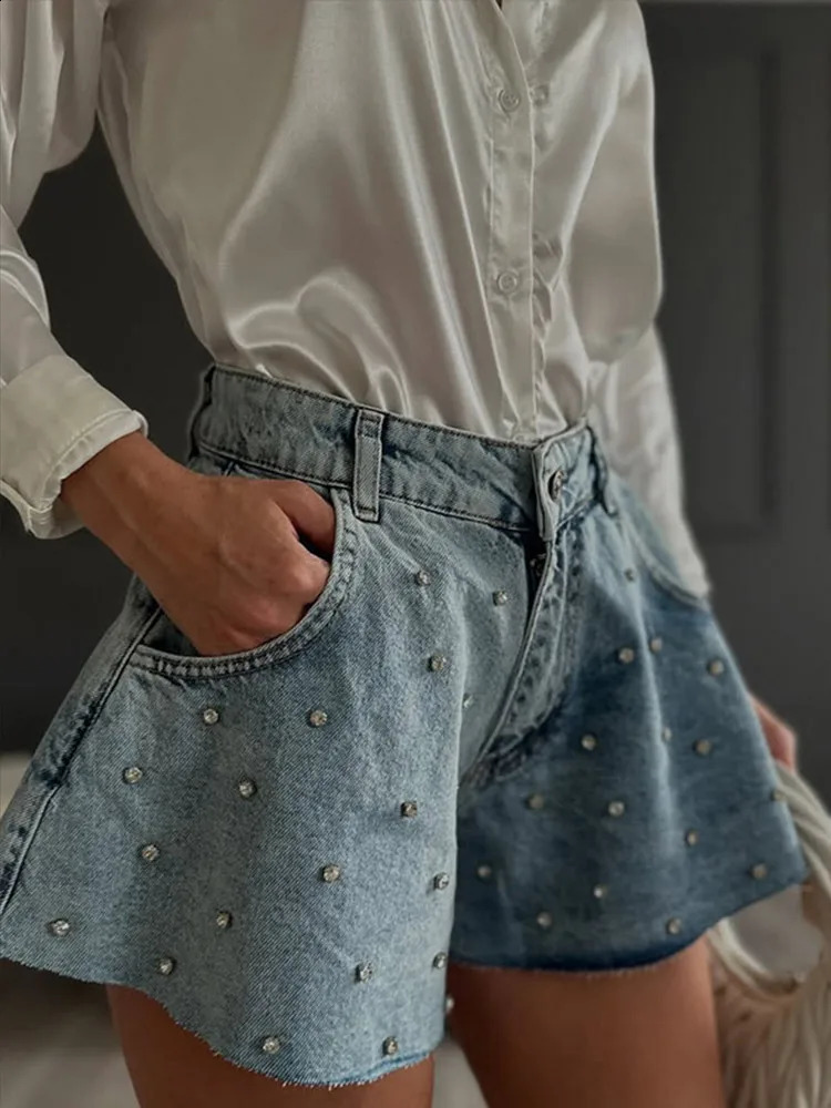 Women Diamonds Wide Leg Denim Shorts Vintage High Waist Short Jeans 2025 Summer Street Slim Basic Short Pants Trousers 250411