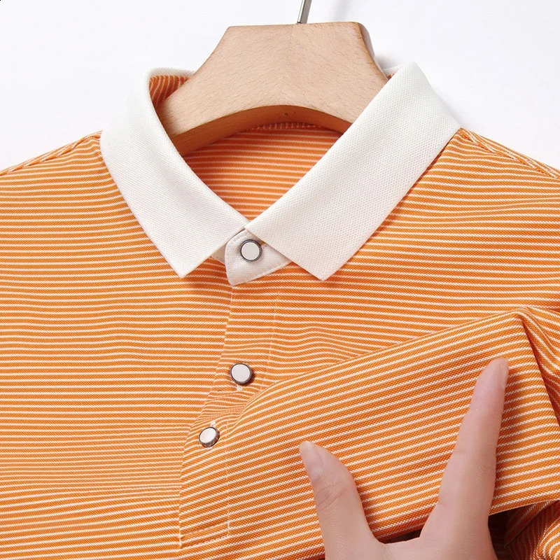 mens striped cotton business casual short sleeved polo shirt fashionable short sleeved comfortable breathable top 250411